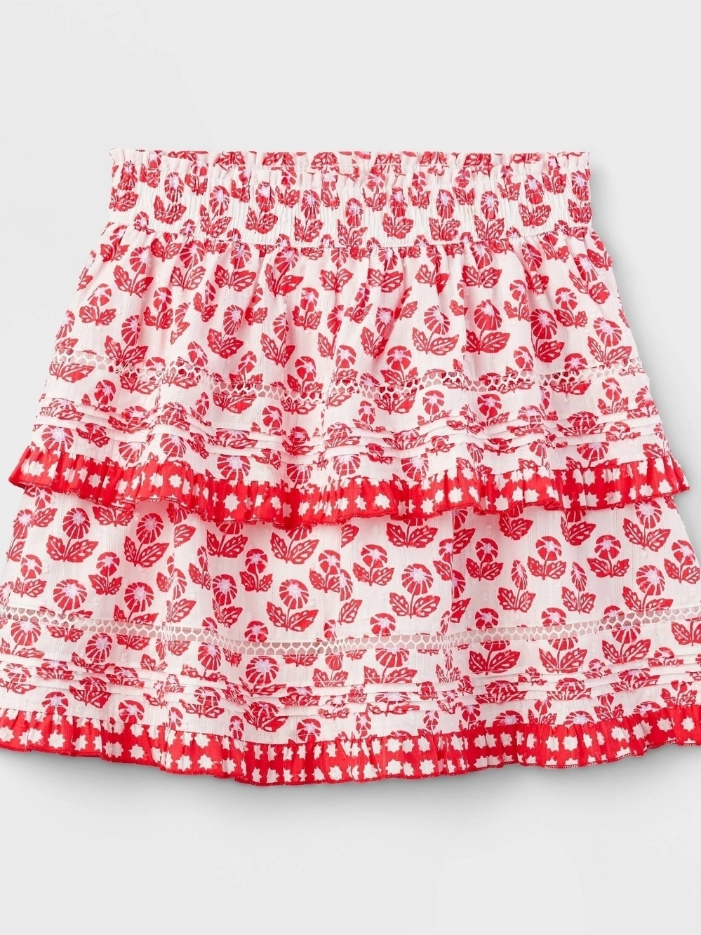 Roller Rabbit Adaptive Red and White Floral Tiered Mini Skirt W/ Built In Shorts